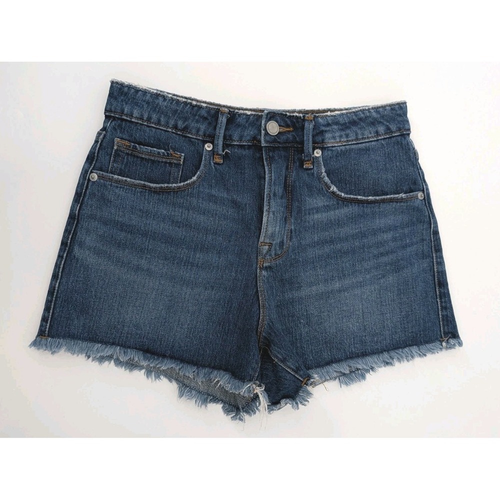Good American Distressed High Rise Denim Jean Shorts Raw Fringe Hem Size 2/26